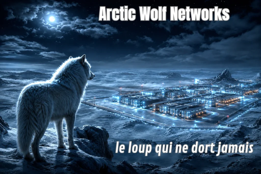 Wolf le loup dans l'industrie domine un réseau informatique illuminé au cœur de l'Arctique