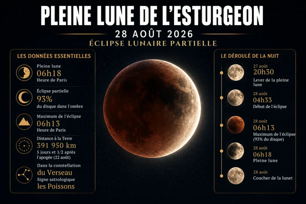 Pleine lune Aout 2026 et déroulé de l’éclipse lunaire partielle avec horaires détaillés
