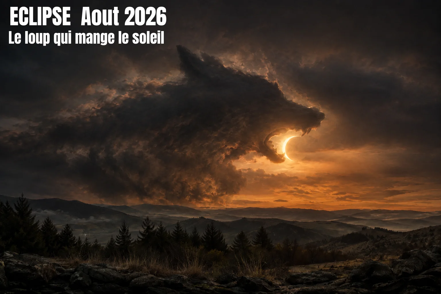Éclipse août 2026 représentant un loup sombre dévorant le Soleil à l’horizon