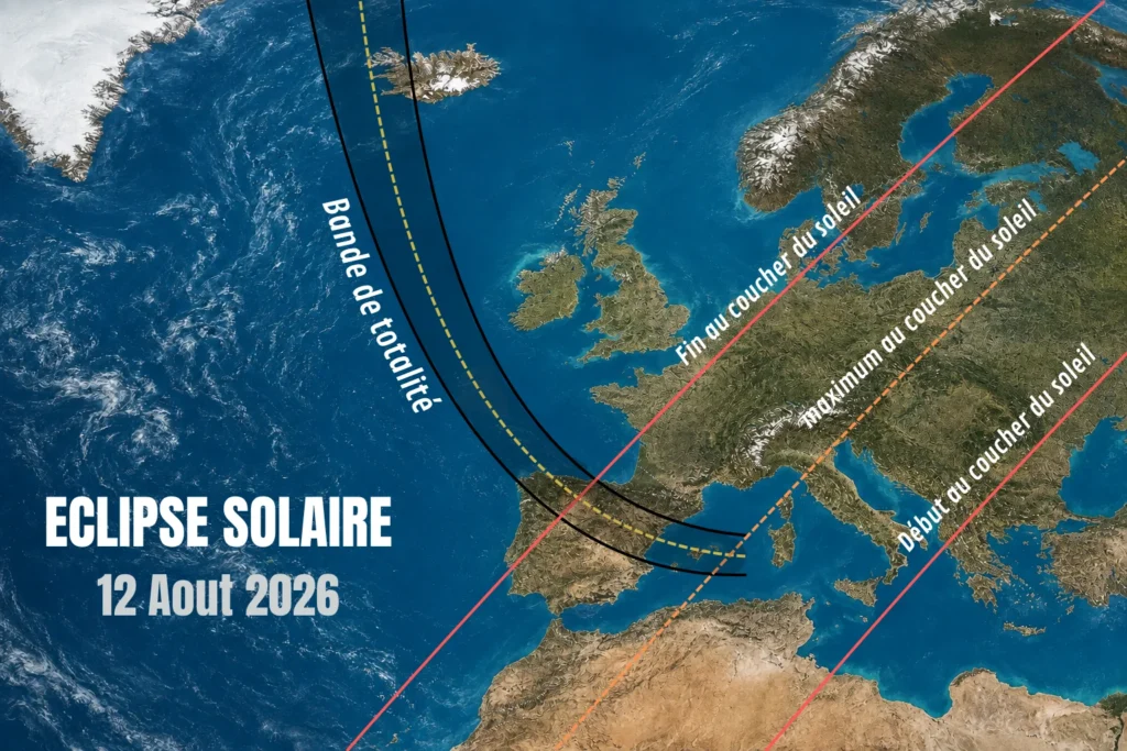 Carte de l’éclipse solaire du 12 août 2026 et de sa bande de totalité