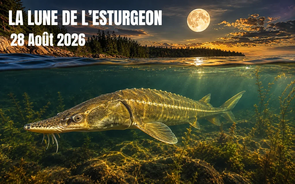 Esturgeon nageant sous la pleine lune de l’esturgeon dans un lac au coucher du soleil