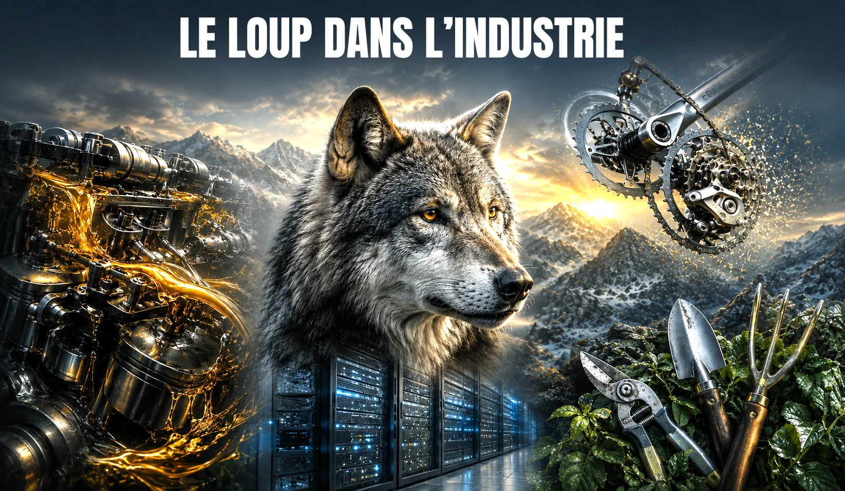 Le loup dans l'industrie symbolisé par un loup entre technologies, moteurs et outils