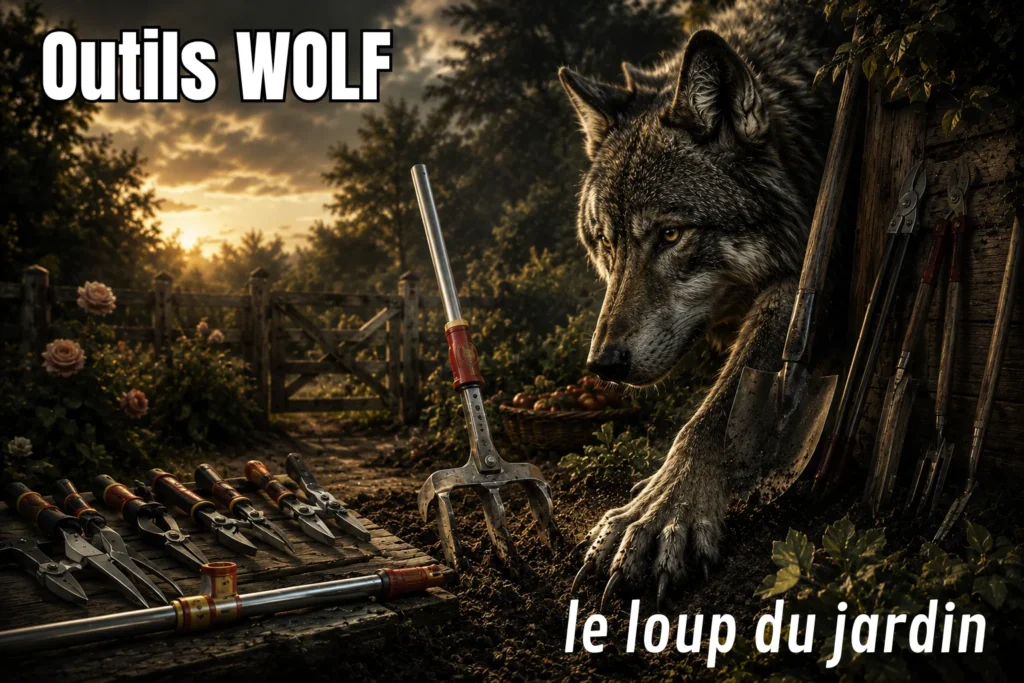 Le loup dans l'industrie représenté avec des outils WOLF pour le travail du jardin
