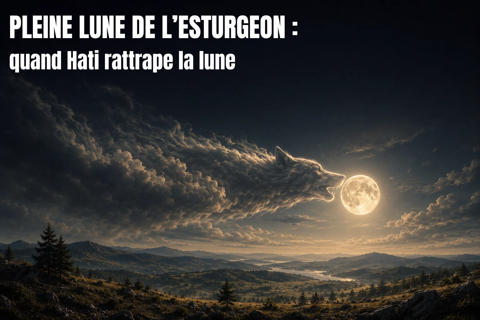 Silhouette de loup hati face à la lune évoquant l'éclipse de la lune de l’esturgeon