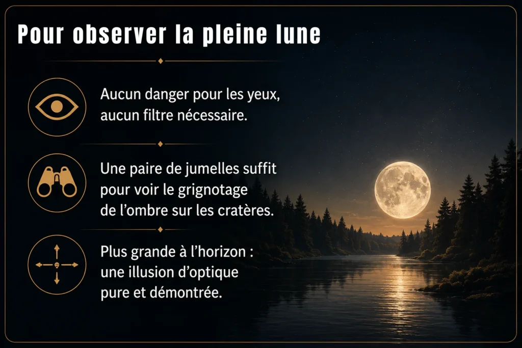 Pleine lune Aout 2026 au-dessus d’un lac avec conseils pour observer les détails lunaires