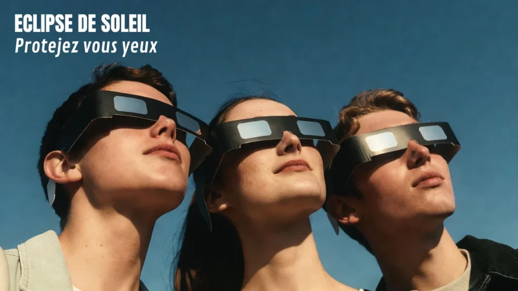 Éclipse de soleil observée avec des lunettes de protection adaptées aux rayons solaires