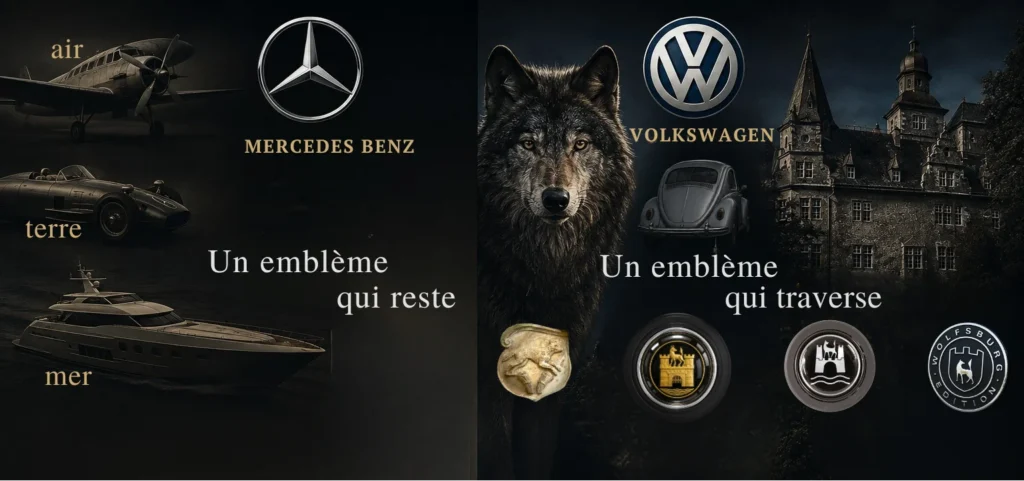 evolution emblème loup de Volkswagen versus Mercedes 3 branches