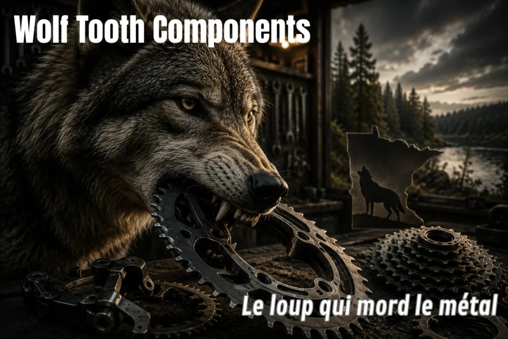 Le loup dans l'industrie met en scène Wolf Tooth Components et des engrenages métalliques