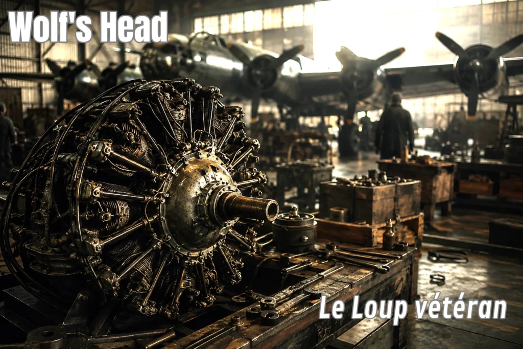 Wolf's Head présenté par un moteur ancien d'avion B17 dans un atelier industriel