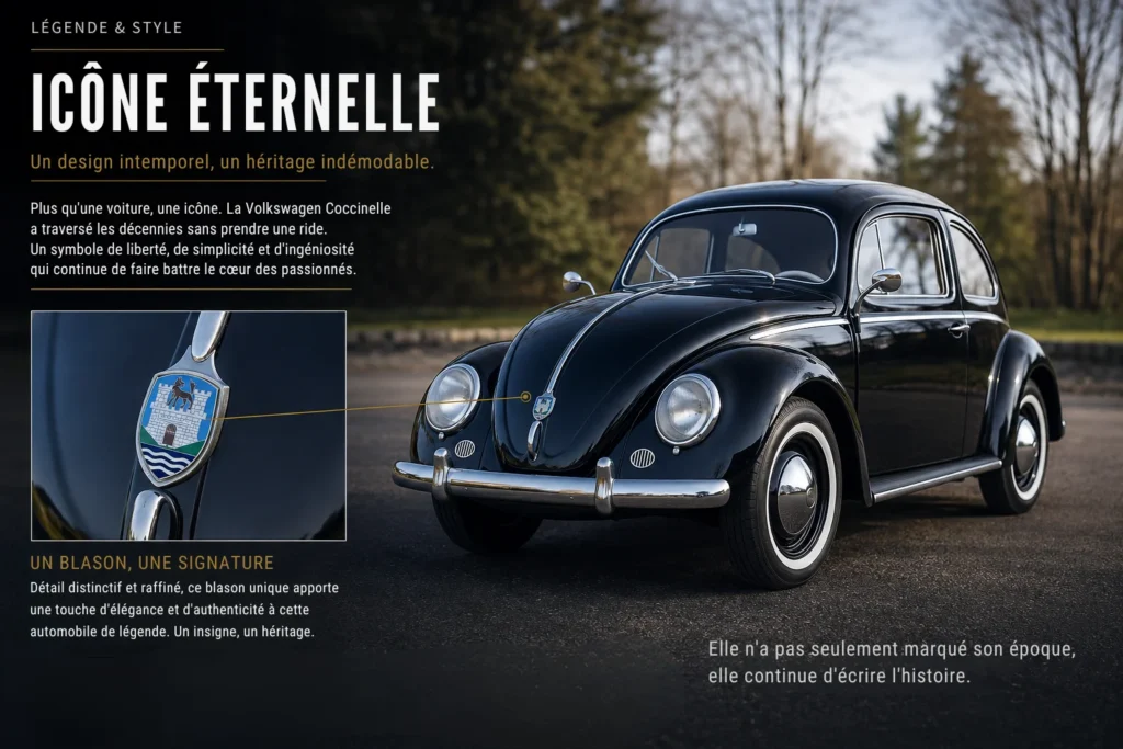 Volkswagen Coccinelle noire de collection avec zoom sur son emblème emblématique et son style iconique.