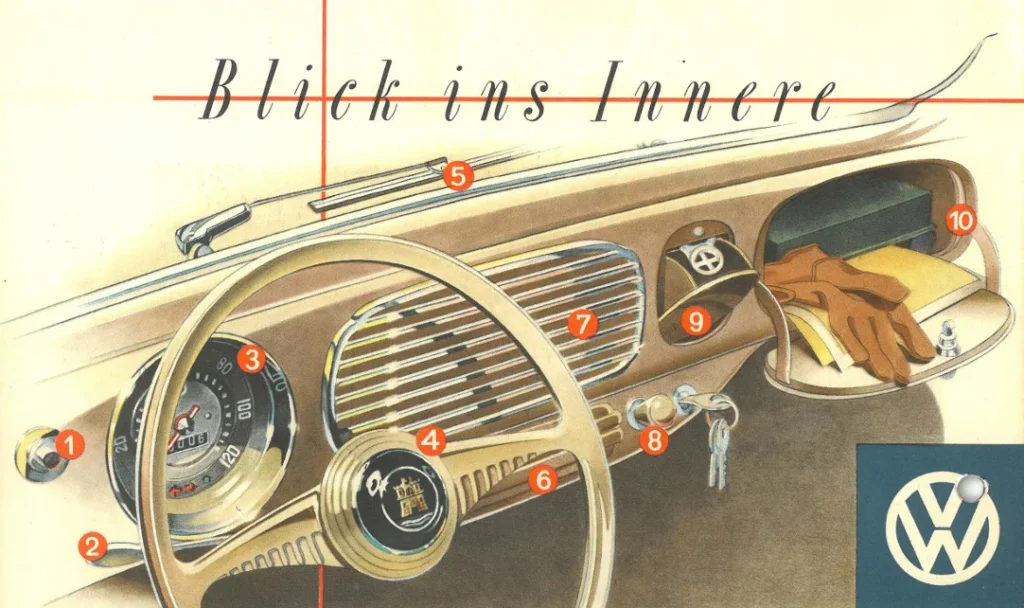 brochure VW 1952 avec le loup de Volkswagen sur le volant