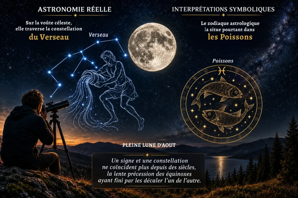 Pleine lune de l’esturgeon entre constellation du Verseau et signe astrologique des Poissons