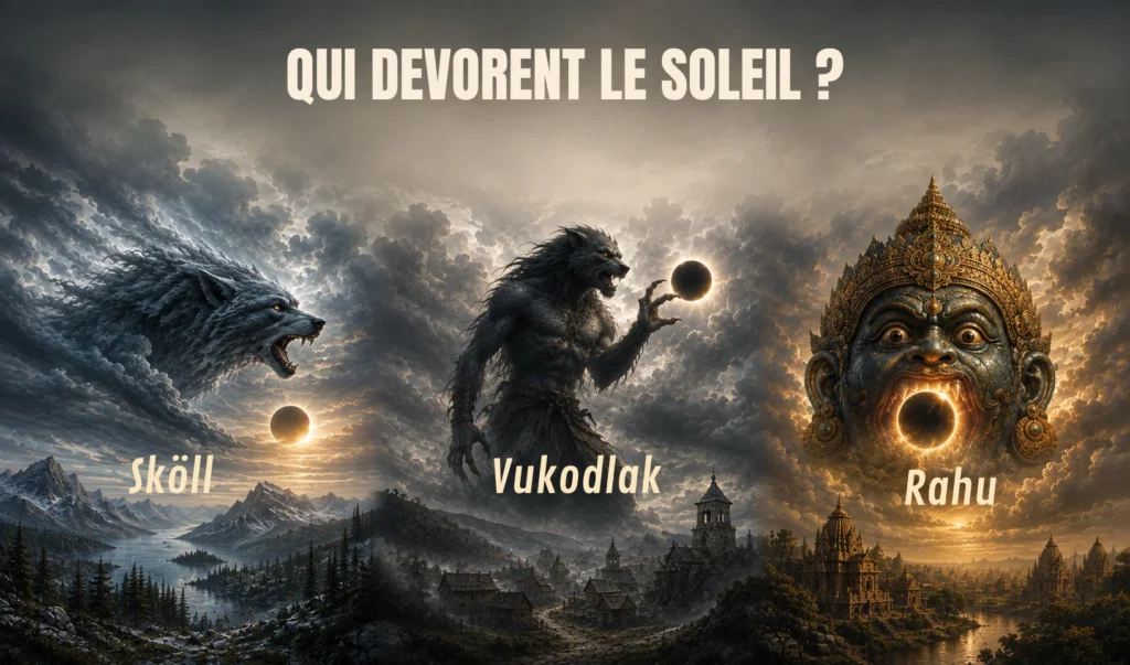 Éclipse solaire entourée de créatures mythologiques Sköll, Vukodlak et Rahu
