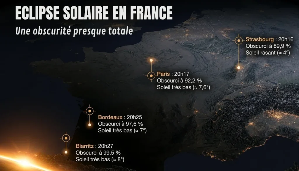 Carte de l’éclipse solaire en France avec horaires et taux d’obscurcissement