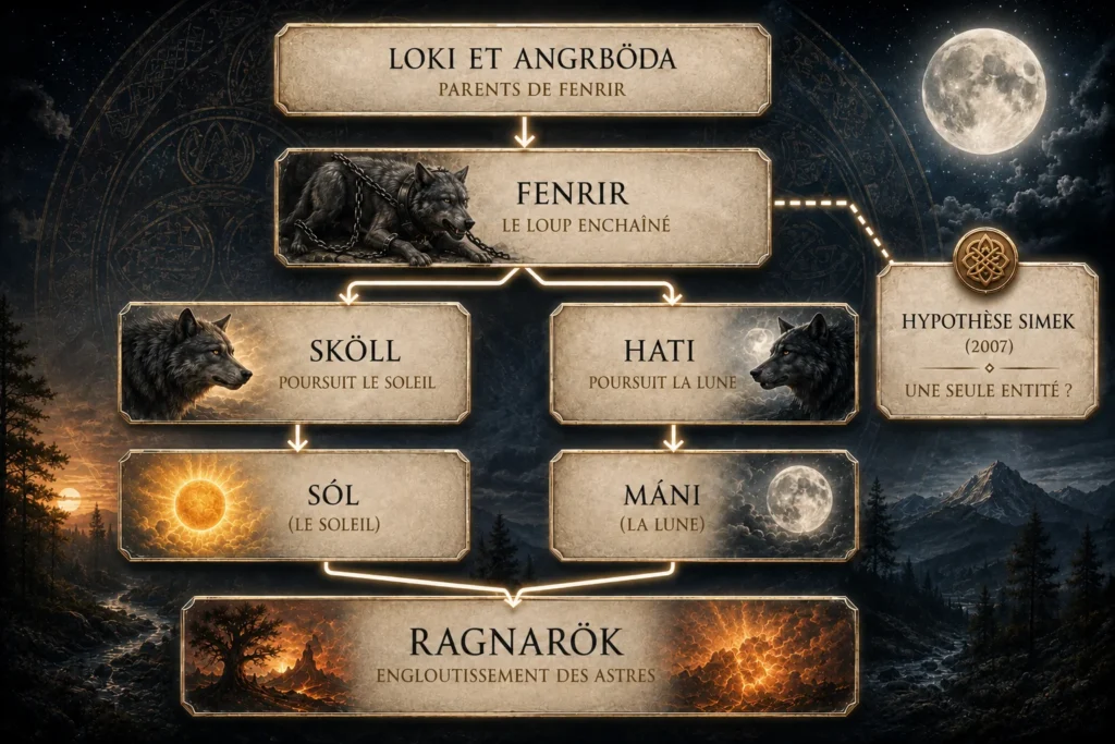 Sköll poursuit le Soleil dans l’arbre généalogique de Fenrir et de la mythologie nordique