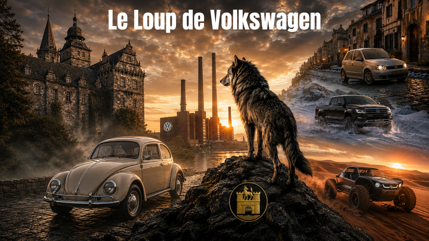 Le Loup de Volkswagen illustré par un loup face au chteau et usine de Wolfsburg entouré d'une Coccinelle et de véhicules modernes.