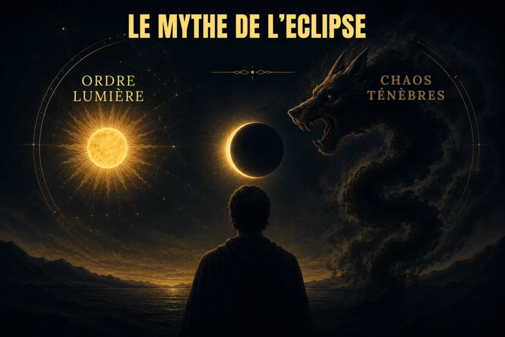 Éclipse solaire symbolisant l’affrontement entre lumière, ténèbres et forces mythologiques