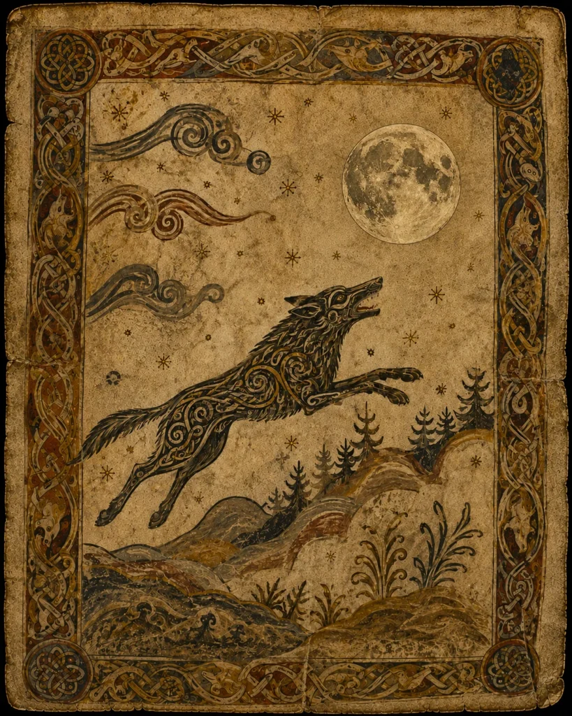 Loup Hati stylisé dans une illustration médiévale évoquant la poursuite de la lune pour l'éclipse aout 2026