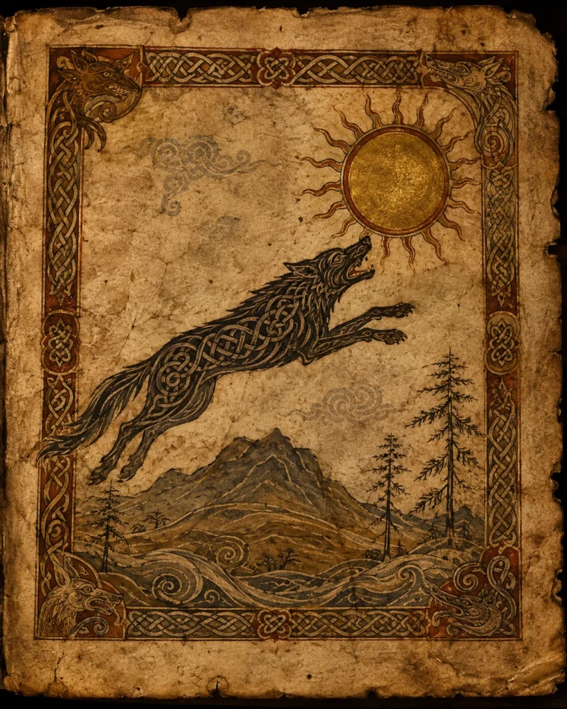 Sköll, le loup mythologique, poursuit le Soleil sur un parchemin aux motifs nordiques
