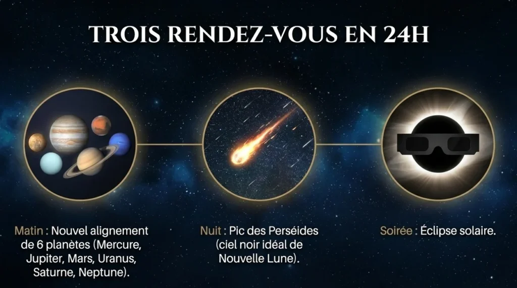 le 12 Aout 2026 avec planètes alignées, pluie de Perséides et éclipse solaire