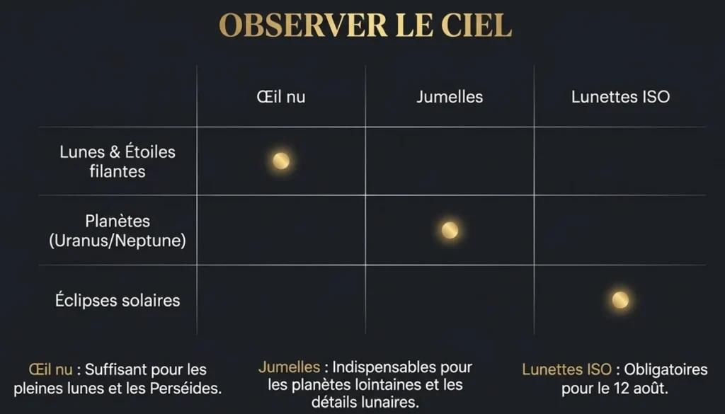 Calendrier céleste 2026 indiquant le matériel adapté aux observations