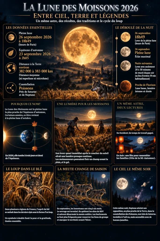Infographie sur la pleine lune des moissons 2026, ses dates, traditions et liens avec les récoltes