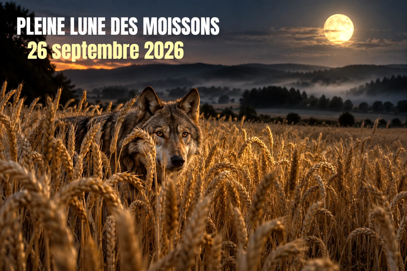 Pleine lune des moissons 2026 illuminant un loup au milieu d’un champ de céréales dorées