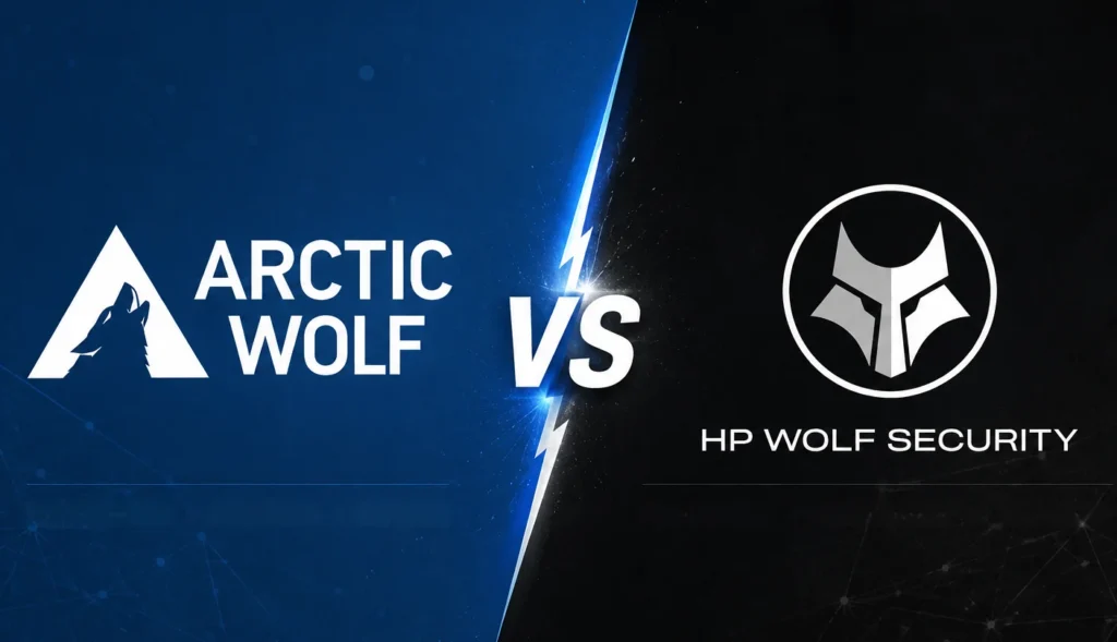 Logos Arctic Wolf contre HP Wolf Security qui represente la symboloque du loup en cybersécurité dans l'industrie
