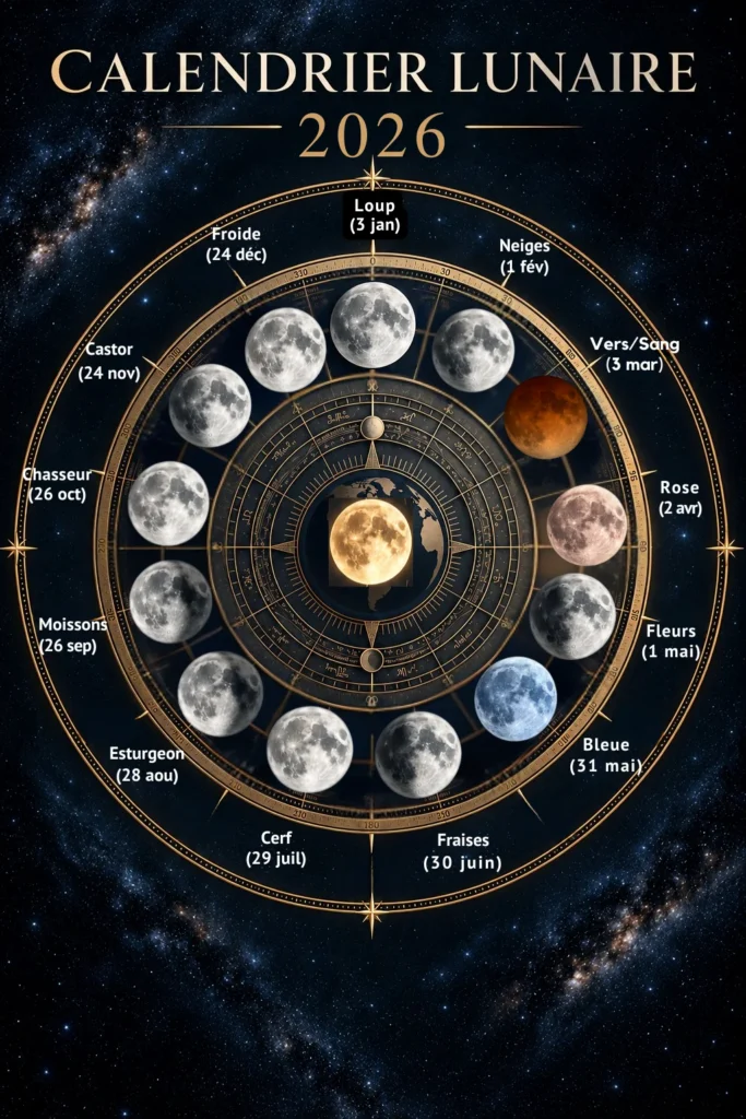 Calendrier lunaire 2026 présentant les 13 pleines lunes de l’année