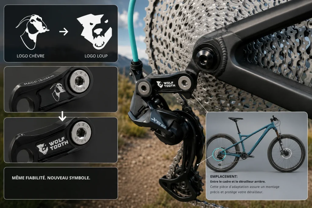 localisation de la piece sur VTT Lindarets qui deviennent Wolf Tooth et illustre le changement de logo de la chevre au loup