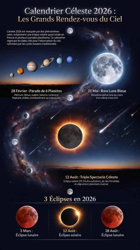 Calendrier céleste 2026 présentant les grands rendez-vous astronomiques de l’année