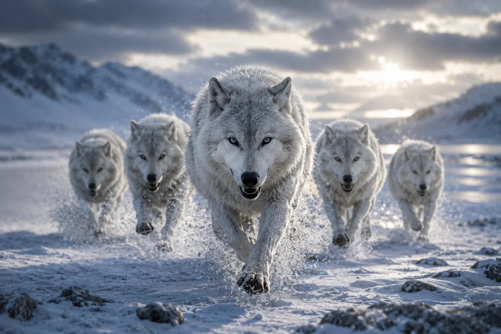 Meute de loup Arctiques qui représente la protection cybersécurité de la marque Actic Wolf Network.