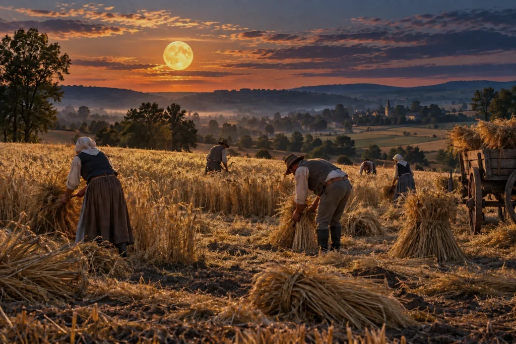 Pleine lune des moissons 2026 éclairant les travailleurs dans un champ de céréales